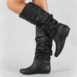 Fashion Slouch Leather Mid-Calf Flat Boots