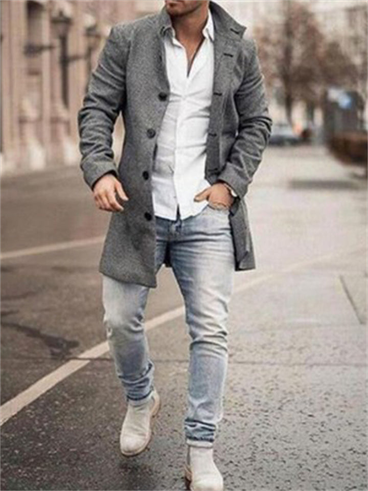 Men's Fashion Contrast Design Woolen Stand Collar Mid-Length Casual Coat With Pockets