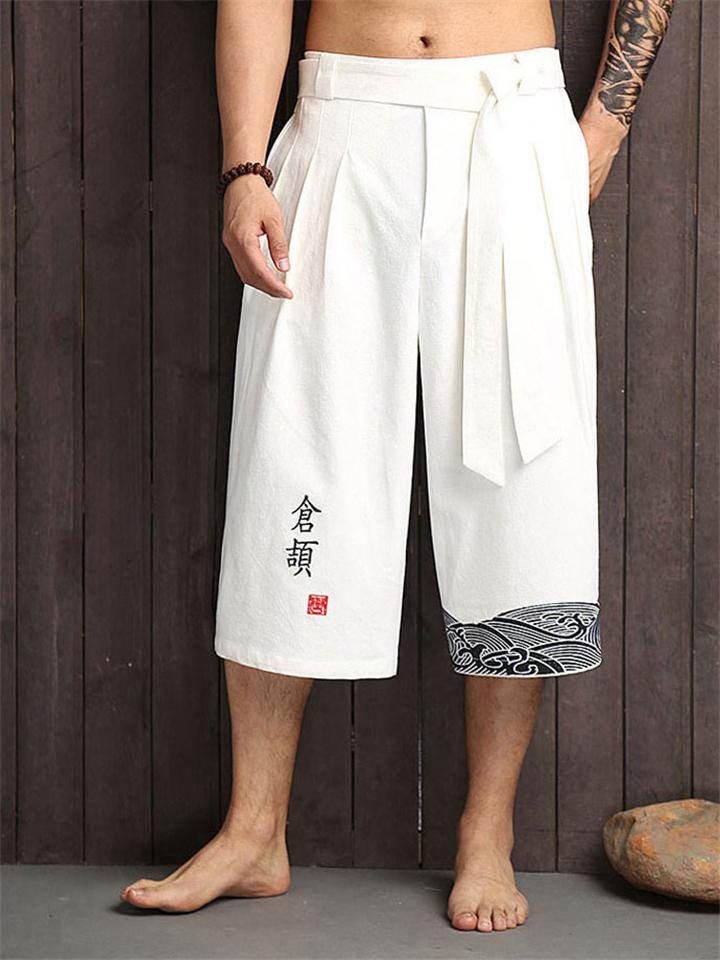 Mandarin Style Drawstring Wide Leg Calf-Length Linen Pocket Pants
