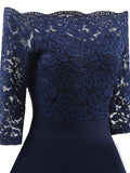 Elegant Off Shoulder Floral Lace 3/4 Sleeve High Waist Flare Dress