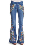 Retro Embroidery Floral Slim Fit Bell-Bottom Denim Pants
