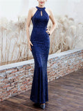 Shiny Sequined Halter Neck Maxi Mermaid Dress for Evening