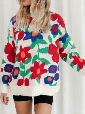 Casual Round Neck Floral Pullover Sweater