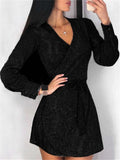 Sparkly Sequin Sexy V Neck Long Sleeve Waist Tie Mid Dress