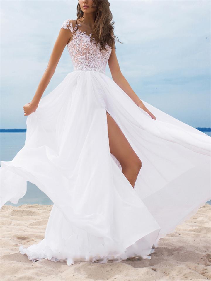 Decent Floral Side Slit Maxi Chiffon Dress for Wedding