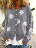 Daisies Printed Round Neck Buttons-Up Cardigans