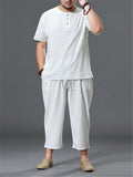 Loose Fit Linen 2-Piece Round Neck Button T-Shirt + Drawstring Cropped Pants