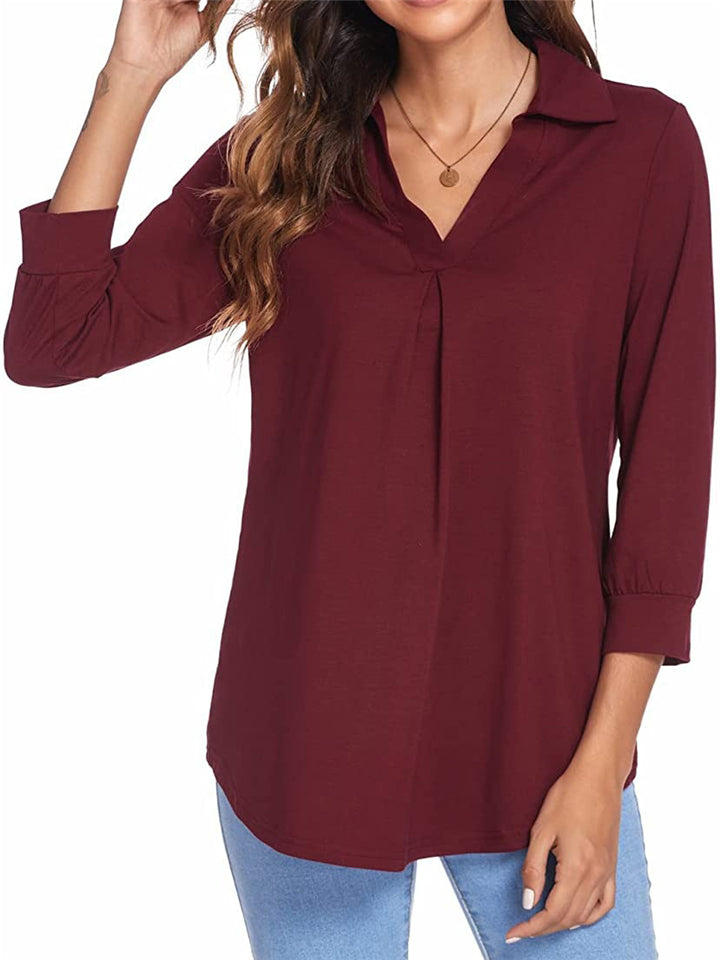 Lapel Solid Color 3/4 Sleeve Pullover Blouses