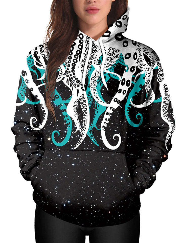 Creative Octopus Print Comfy Loose Hooded Sweatshirt With Pockets