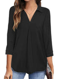 Lapel Solid Color 3/4 Sleeve Pullover Blouses