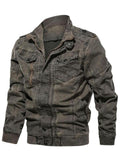 Men's Casual Stand-Collar Cotton Washed-Effect Denim Military Jacket