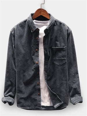 Mens Vintage Corduroy Solid Color Comfy Shirts With Pocket