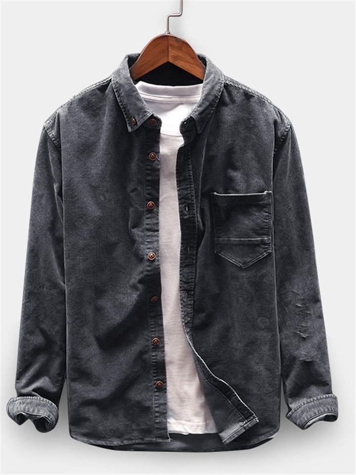 Mens Vintage Corduroy Solid Color Comfy Shirts With Pocket
