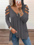 Casual Style V Neck Front Zipper Shoulder Cutout Pullover Tops
