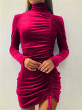Women's Graceful High-Necked Fashion Long Sleeve Solid Color Drawstring Tight Dress