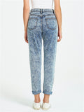 Street Style Red Patchwork Washed Effect Light Blue Denim Pants for Women