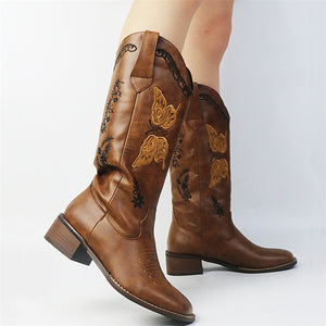 Butterflies Embroidered Chunky Heels Mid Calf Boots