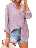 Hollowed-Out Buttons-Up Long Sleeve Chiffon Blouses