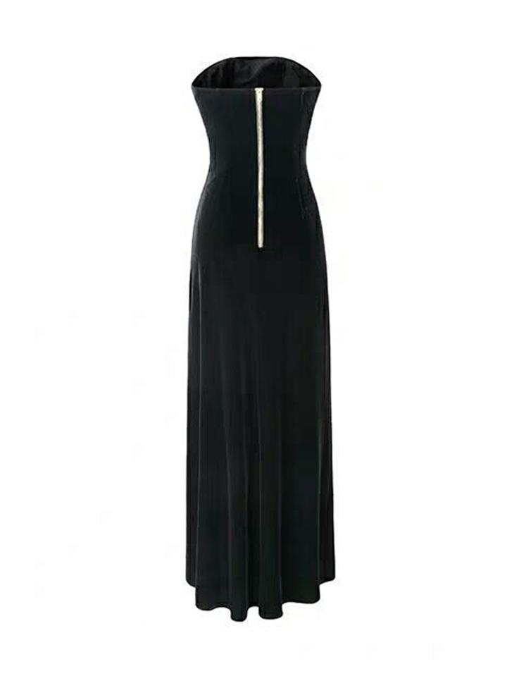 Gorgeous Strapless Thigh High Slit Black Velvet Maxi Gown for Evening