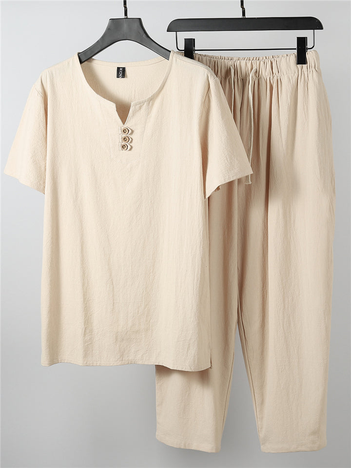 Laid-Back Style Notched Neck Button Detailing Soft Cotton Set T-Shirt + Drawstring Pants