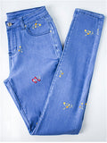 Campus Style Lovely Small Floral Embroidery Slim Fit Blue Denim Jeans