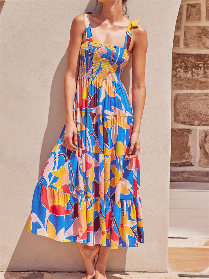 Summer Stylish Square Neck Print Strappy Dress
