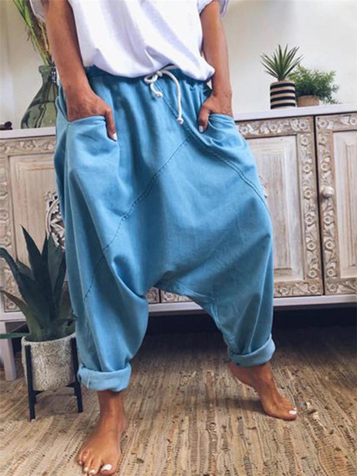 Casual Style Elastic Waist Band Drawstring Pocket Harem Pants
