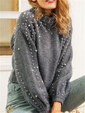 Trendy Round Neck Pearls Decorated Sweater