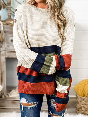 Womens Contrast Color Stripe Round Neck Loose Fashion Warm Sweaters
