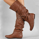 Fashion Slouch Leather Mid-Calf Flat Boots