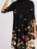 Relaxed Fit Turtleneck Long Sleeve Floral Printed Midi Dress