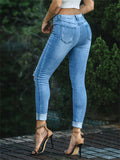 Women's Sweet Style White Pearl Slim Fit Ripped Blue Jeans