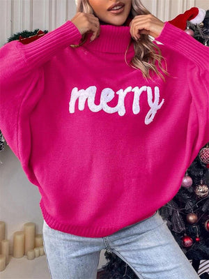 Women's Cute Comfort Bat Sleeve High Neck Christmas Sweaters