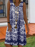 Trendy V Neck Floral Printed Sleeveless Flare Midi Dress