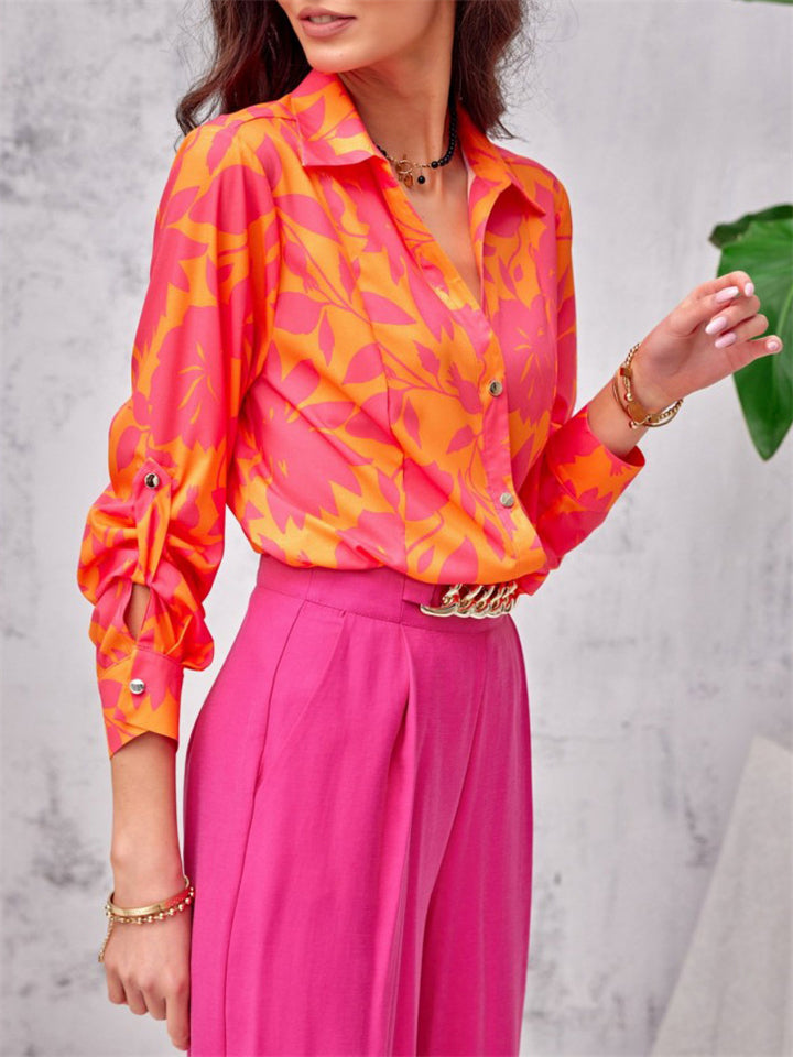 Spring Autumn Extra Loose Contrast Color Floral Elegant Lady Blouses