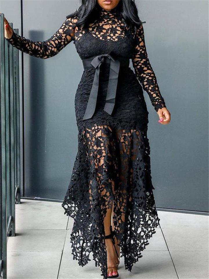 Stunning Waist Tie Lace Design Asymmetric Hem Dress for Prom