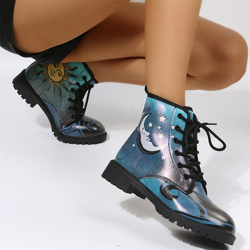 Trendy Sun And Moon Printed Flat Heel Boots
