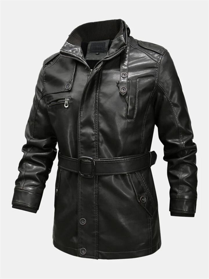 Men Winter Fashion Fleece Lined Midi Leather Jacket With Waistband