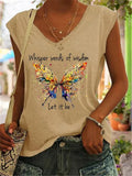 Butterfly And Words Printed V-Neck T-Shirts