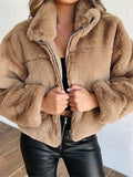 Comfortable Warm Full Zip Fastening Side Pocket Artificial Fur Cropped Coat