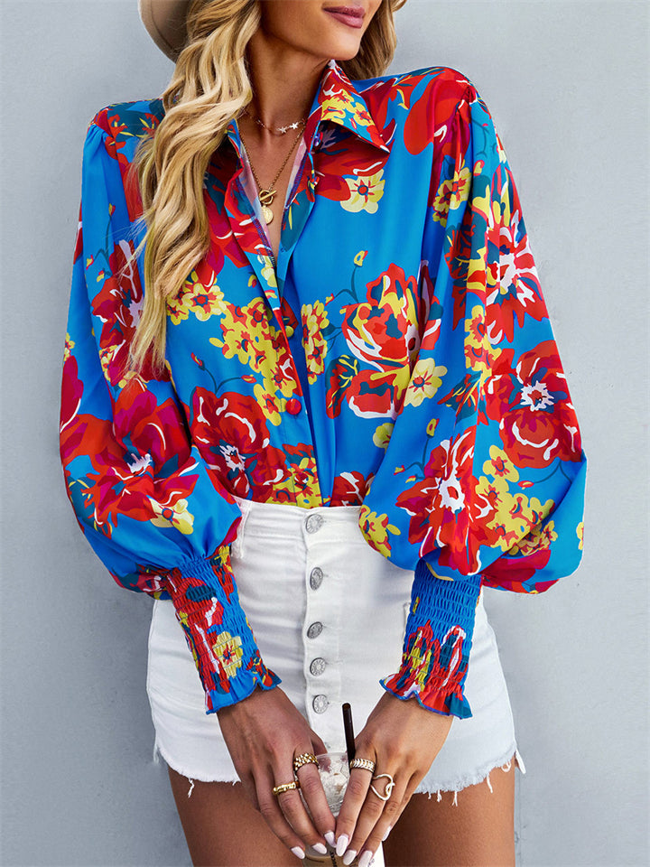 Fashion Floral Print Lapel Button Puff Sleeve Colorful Blouses for Office Ladies