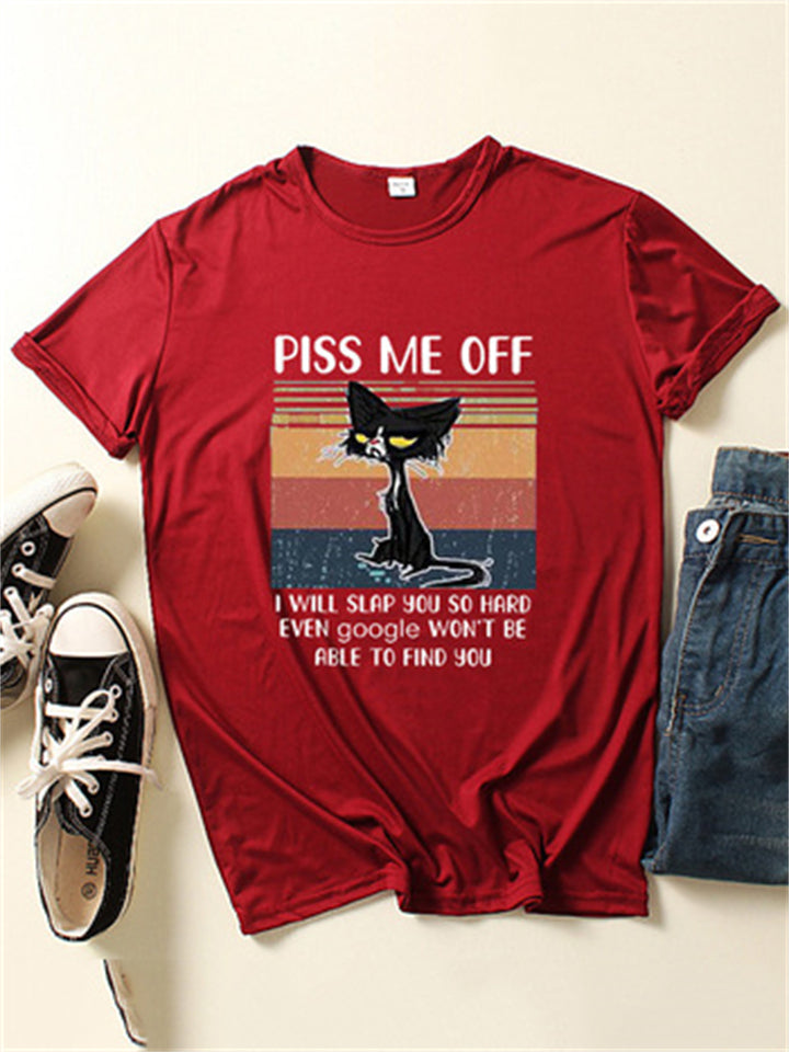 Black Cat Print Short Sleeve Loose Casual Round Neck T-Shirt