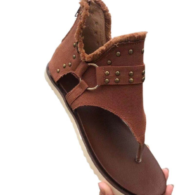 Trendy Metal Rivets Flat Zipper Roman Sandals for Lady