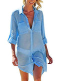 Semi-Sheer Side Slit Curved Hem Chest Pocket Classic Collar Thigh-Length Beach Blouse