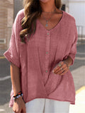 V-Neck Linen Short Sleeve Blouses For Women