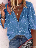 Polka Dot Button-Up Collar Elbow Sleeve Shirts