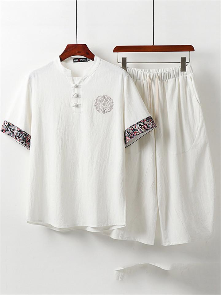 Loose Fit 2-Piece Outfit Notched Neck Retro Button Totem Print Short Sleeve Top + Drawstring Cropped Pants