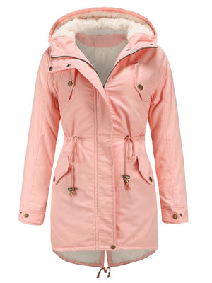 Women's Solid Color Hooded Collar Zipper Warm Coats