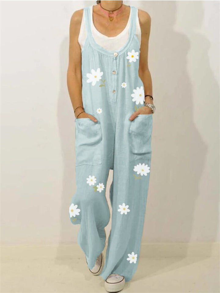 Laid-Back Scoop Neck Front Patch Pocket Daisy Print Straight-Leg Jumpsuit