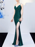 Exquisite Sequined Wrap Neck High Slit Dress for Evening